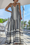 Geometric Print Backless Sleeveless V Neck Ruffle Tiered Hem Vacation A Line Maxi Slip Sundress