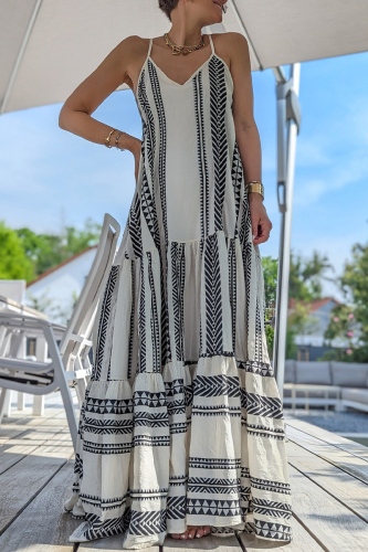 Geometric Print Backless Sleeveless V Neck Ruffle Tiered Hem Vacation A Line Maxi Slip Sundress