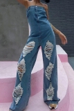 Casual Backless Strapless Ripped Denim Wide Leg Tube Tops Jumpsuits