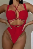 Backless Sleeveless Hollow Out Lace Up Belted One Piece Swimsuit Vacation Beach Swimwears