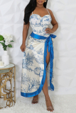 Sleeveless Backless Floral Print Belted One Piece Swimsuit Cover Up Slit Maxi Skirt Beach Vacation Swimwears