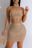 Formal Sleeveless Backless Hot DrillingHalter Crop Tops And Mini Skirt Party Evening Two Pieces Dress Set