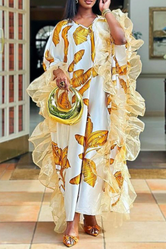 Street Leaf Print Batwing Sleeve Ruffled Trim V Neck Long Loose Vacation Maxi Dresses