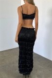 Sleeveless Backless Spaghetti Strap Ruched Cami Crop Tops And Maxi Skirt Formal Party Evening Two Pieces Dress Set