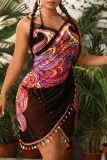 Bali Print Sleeveless Backless Spaghetti Strap Spa Beach Butterfly Cape Fringed Trim Cover Up Vacation Plus Size Swimwear Mesh Sarong