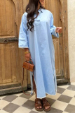 Turndown Collar Long Sleeve Side Slit Loose Vacation Maxi Shirt Dresses