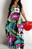 Floral Print Backless Spaghetti Strap Floor Length Vacation Baggy Sundress Slip Maxi Dress