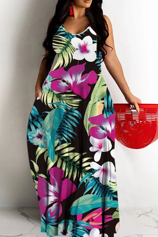 Floral Print Backless Spaghetti Strap Floor Length Vacation Baggy Sundress Slip Maxi Dress