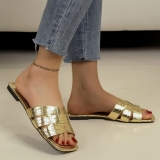 Metallic H Band Slip On Open Toe Sparkle Flat Slides Sandals