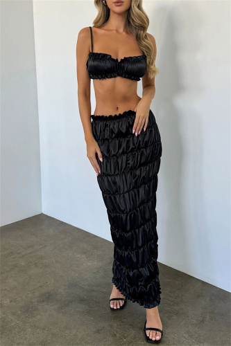 Sleeveless Backless Spaghetti Strap Ruched Cami Crop Tops And Maxi Skirt Formal Party Evening Two Pieces Dress Set