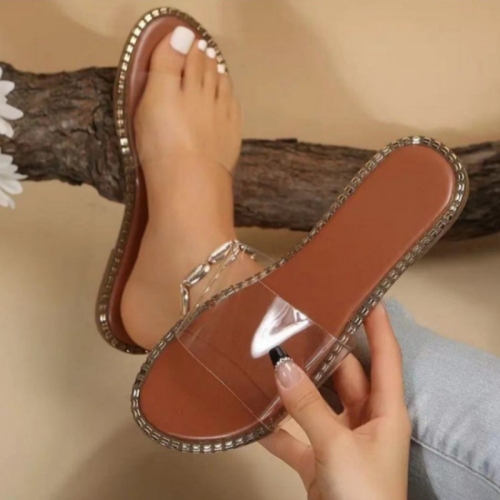 Rhinestone Transparent Strap Open Toe Flat Slide Sandals