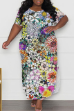African Casual Floral Print O Neck Short Sleeve Long Side Slit Loose Vacation Plus Size Straight Maxi T-shirt Dresses