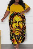 African Casual Graphics Print O Neck Short Sleeve Long Side Slit Loose Vacation Plus Size Straight Maxi T-shirt Dresses