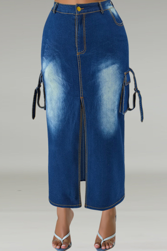 Street Pocket Buttons High Slit Zipper Plus Size Straight Distressed Denim Maxi Skirt