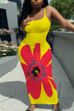 Casual Floral Print Backless Spaghetti Strap Long Vacation Plus Size Bodycon Maxi Slip Dresses