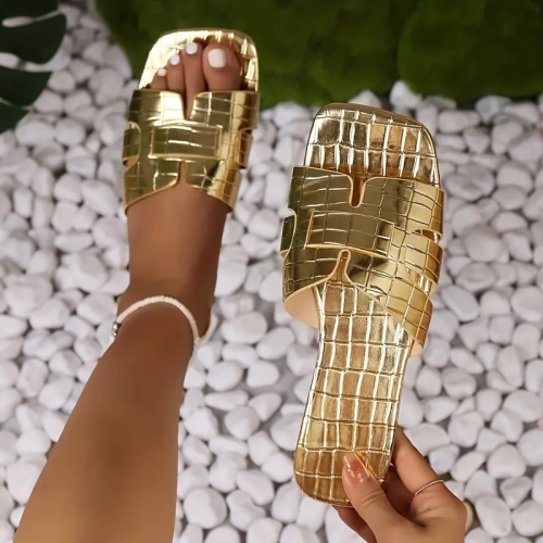 Metallic H Band Slip On Open Toe Sparkle Flat Slides Sandals