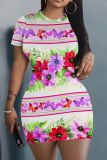 Casual Graphics Print O Neck Short Sleeve Wrapped Skirt Bodycon Mini T-Shirt Dresses