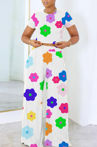 Casual Geometric Print O Neck Short Sleeve Pocket Crop T-Shirt And Wide Leg Pants Vacation Two Pieces Trouser Sets