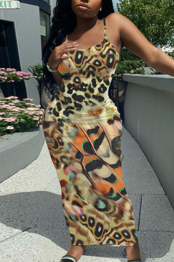 Casual Graphics Print Backless Spaghetti Strap Long Vacation Plus Size Bodycon Maxi Slip Dresses