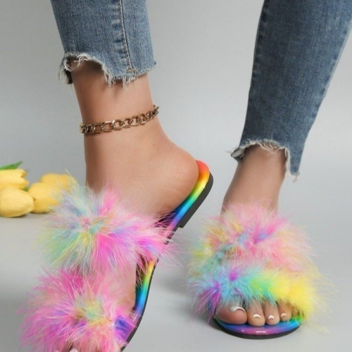 Casual  One-Strap Candy Color Fuzzy Flip Flop Flat Slide Beach Sandals