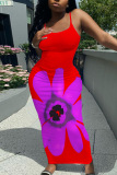 Casual Floral Print Backless Spaghetti Strap Long Vacation Plus Size Bodycon Maxi Slip Dresses