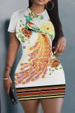 Casual Graphics Print O Neck Short Sleeve Wrapped Skirt Bodycon Mini T-Shirt Dresses