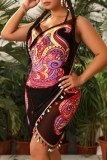 Bali Print Sleeveless Backless Spaghetti Strap Spa Beach Butterfly Cape Fringed Trim Cover Up Vacation Plus Size Swimwear Mesh Sarong