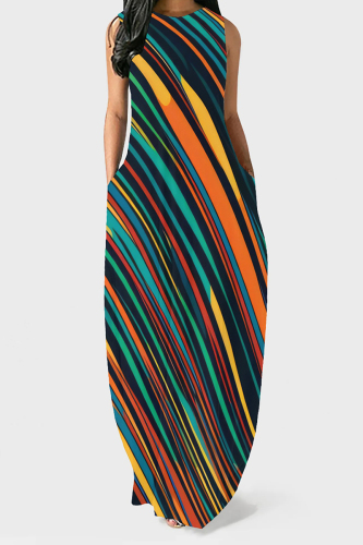 Casual Striped Print O Neck Sleeveless Floor Length Vacation Pocket Vest Loose Maxi Dresses