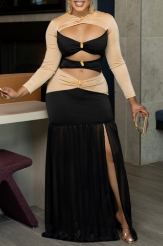 Formal O Neck Long Sleeve Hollow Out Front Slit Formal Party Evening Long Bodycon Maxi Dress