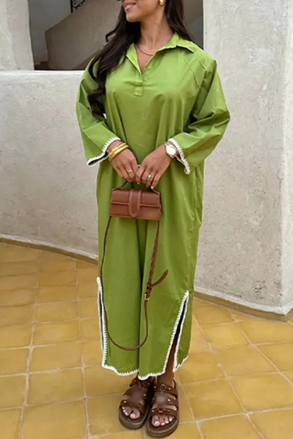 Turndown Collar Long Sleeve Side Slit Loose Vacation Maxi Shirt Dresses