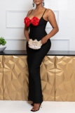 Flowers Decor Sleeveless Backless Slit Spaghetti Strap Hollow Out Long Formal Party Evening Bodycon Maxi Dress