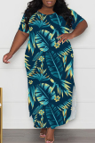 African Casual Floral Print O Neck Short Sleeve Long Side Slit Loose Vacation Plus Size Straight Maxi T-shirt Dresses