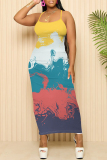 Ombre Print Sleeveless Backless Spaghetti Strap Square Neck Vacation Bodycon Maxi Slip Dress