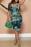 Casual Graphics Print U Neck Sleeveless Vacation Bodycon Midi Tank Dress