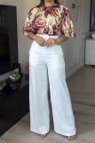 Floral Print Pocket O Neck Short Sleeve Blouse And Wide Leg Pants Office Lady Formal Two Pieces Trouser Sets