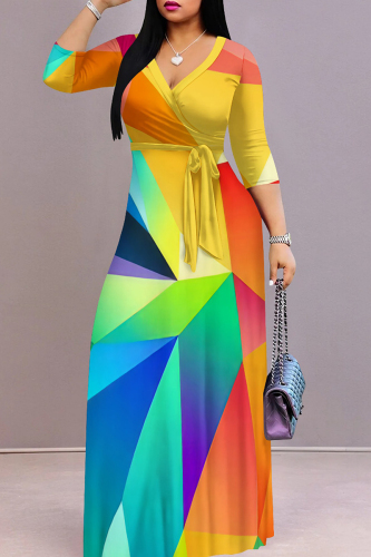 Geometric Print V Neck Half Sleeve Floor Length Belted Long Vacation A Line Maxi Dress