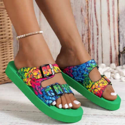 Graphics Metal Buckle Round Head Thick Bottom Beach Slippers Sandals