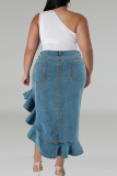 Casual Buttons Zipper Wrapped Skirt Irregular Ruffle Hem Plus Size Denim Midi Skirt