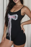 Sleeveless Bow Decor Print Spaghetti Strap Skinny Cami Rompers One Pieces Bodysuit