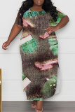 African Casual Graphics Print O Neck Short Sleeve Long Side Slit Loose Vacation Plus Size Straight Maxi T-shirt Dresses