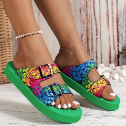 Graphics Metal Buckle Round Head Thick Bottom Beach Slippers Sandals