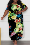 African Casual Floral Print O Neck Short Sleeve Long Side Slit Loose Vacation Plus Size Straight Maxi T-shirt Dresses