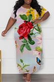 African Casual Floral Print O Neck Short Sleeve Long Side Slit Loose Vacation Plus Size Straight Maxi T-shirt Dresses