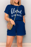 Letter Print O Neck Short Sleeve Draw String Pocket Vacation Loose T Shirt Romper