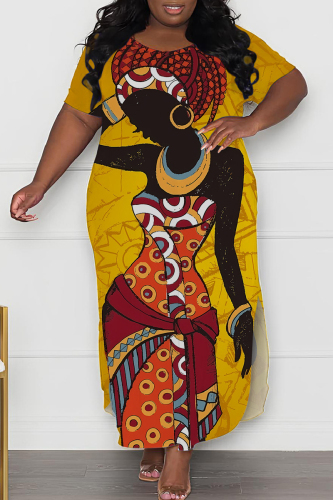 African Casual Graphics Print O Neck Short Sleeve Long Side Slit Loose Vacation Plus Size Straight Maxi T-shirt Dresses
