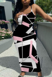 Casual Graphics Print Backless Spaghetti Strap Long Vacation Plus Size Bodycon Maxi Slip Dresses