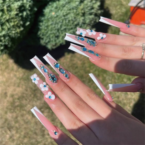 Casual Flowers Rhinestone Decor Long Square Nails Press On Fake Nails