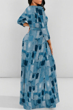 Graphics Print V Neck Half Sleeve Floor Length Belted Long Vacation A Line Maxi Flowy Dress