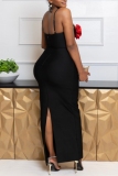 Flowers Decor Sleeveless Backless Slit Spaghetti Strap Hollow Out Long Formal Party Evening Bodycon Maxi Dress