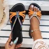 Colorblock Rhinestone Open Round Toe Plus Size Beach Flat Slide Sandals